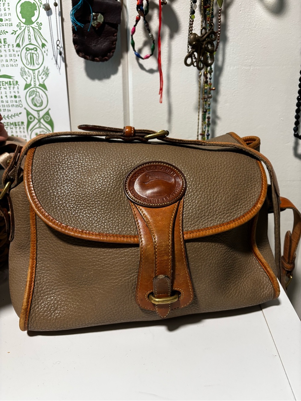 Dooney & Bourke Taupe Pebbled Leather Crossbody with Brown Trim